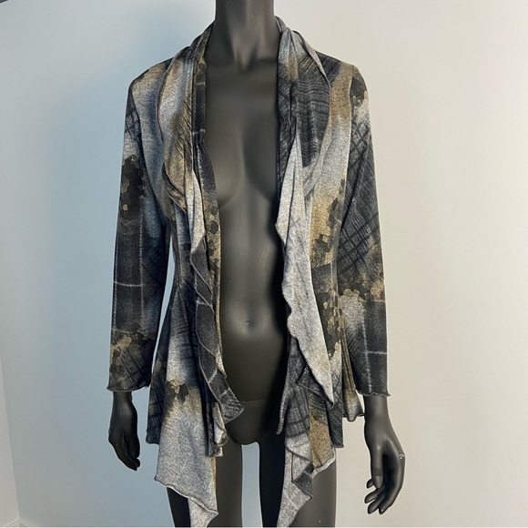 Frank Lyman Design Vintage Gray and Gold Abstract Open Cardigan with Front Tie - Picture 1 of 7